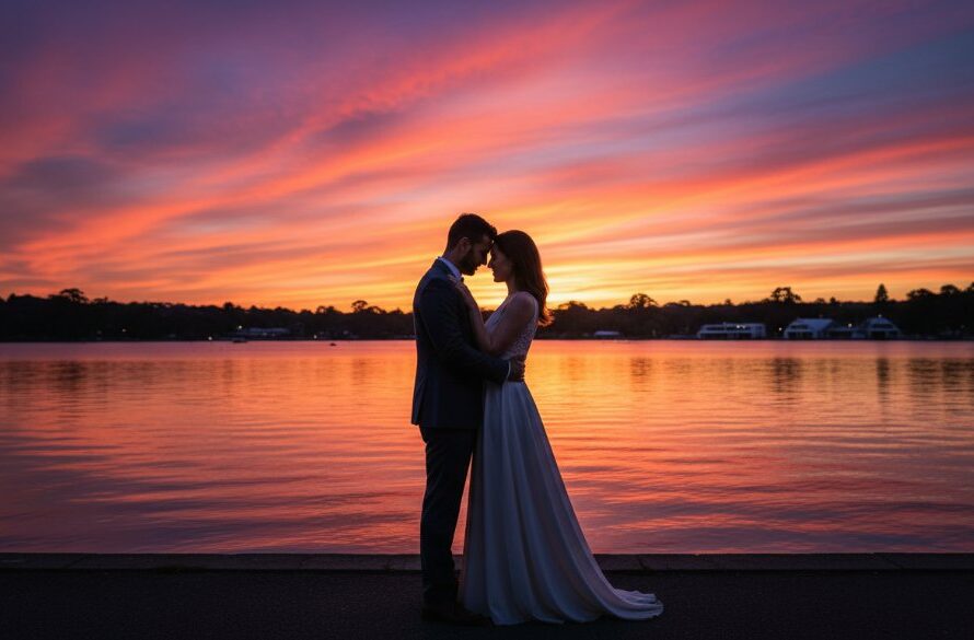 A professional, colour-graded photograph capturing an epic, romantic moment of a couple embracing passionately at sunset on the scenic shores of Lake Wendouree, Victoria, during their engagement shoot. The dramatic golden hour light casts long shadows and highlights their joyous expressions, perfectly encapsulating their romantic Lake Wendouree engagement photos Victoria.