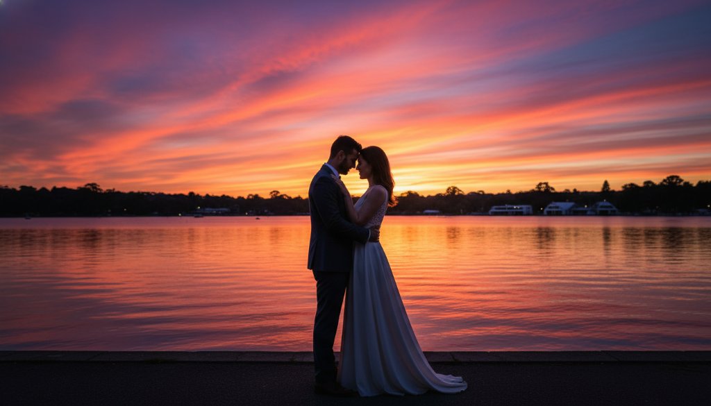 A professional, colour-graded photograph capturing an epic, romantic moment of a couple embracing passionately at sunset on the scenic shores of Lake Wendouree, Victoria, during their engagement shoot. The dramatic golden hour light casts long shadows and highlights their joyous expressions, perfectly encapsulating their romantic Lake Wendouree engagement photos Victoria.