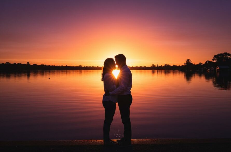 An epic moment captured during a romantic Lake Wendouree pre-wedding photoshoot Victorian couple's embrace at sunset, with golden light reflecting on the lake and historic boats in the background.