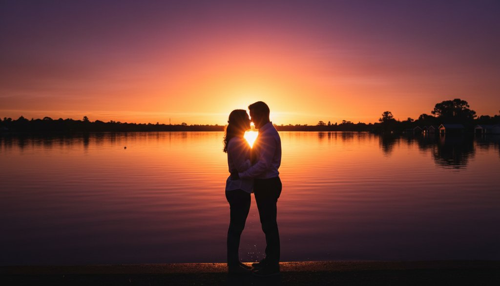 An epic moment captured during a romantic Lake Wendouree pre-wedding photoshoot Victorian couple's embrace at sunset, with golden light reflecting on the lake and historic boats in the background.