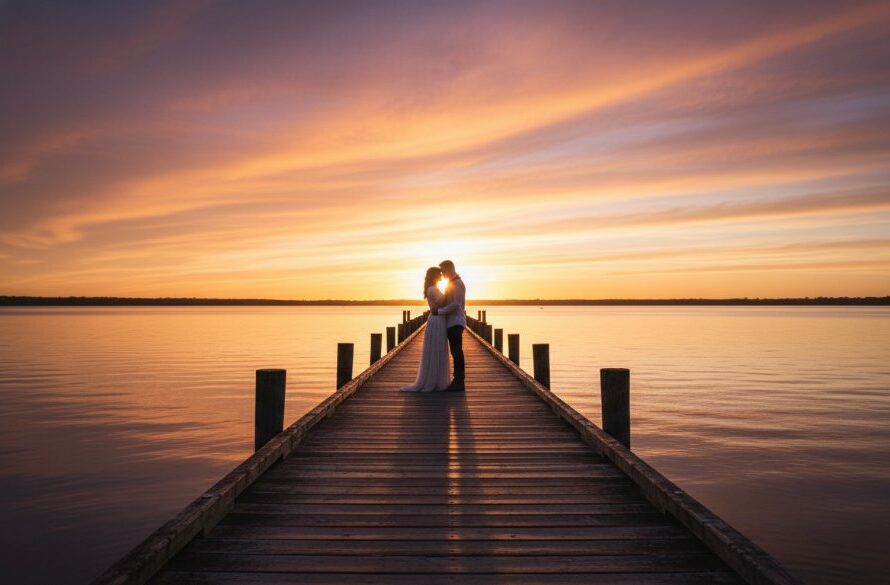 An epic moment captured during a romantic Lakes Entrance pre-wedding photoshoot stunning jetties, featuring a couple embracing passionately at sunset on a wooden jetty, with the golden hour light reflecting on the calm Gippsland lake waters, creating a cinematic and dramatic scene.