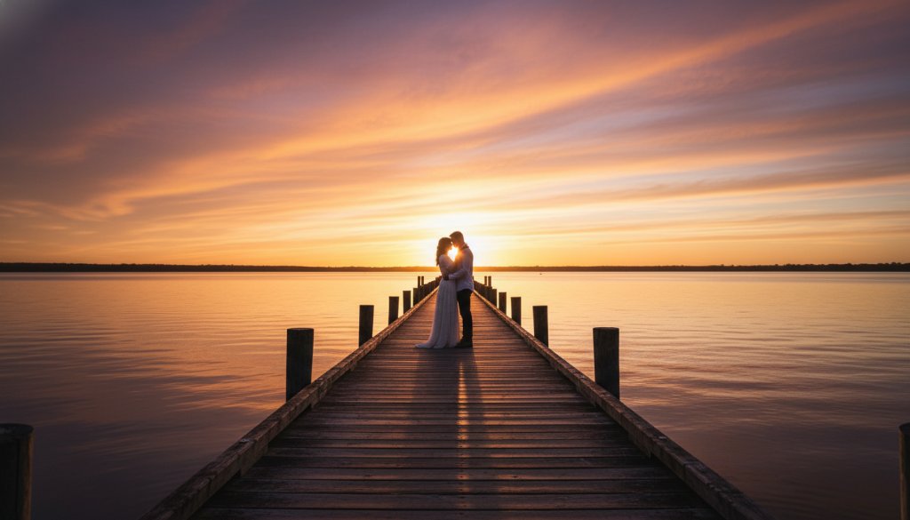 An epic moment captured during a romantic Lakes Entrance pre-wedding photoshoot stunning jetties, featuring a couple embracing passionately at sunset on a wooden jetty, with the golden hour light reflecting on the calm Gippsland lake waters, creating a cinematic and dramatic scene.