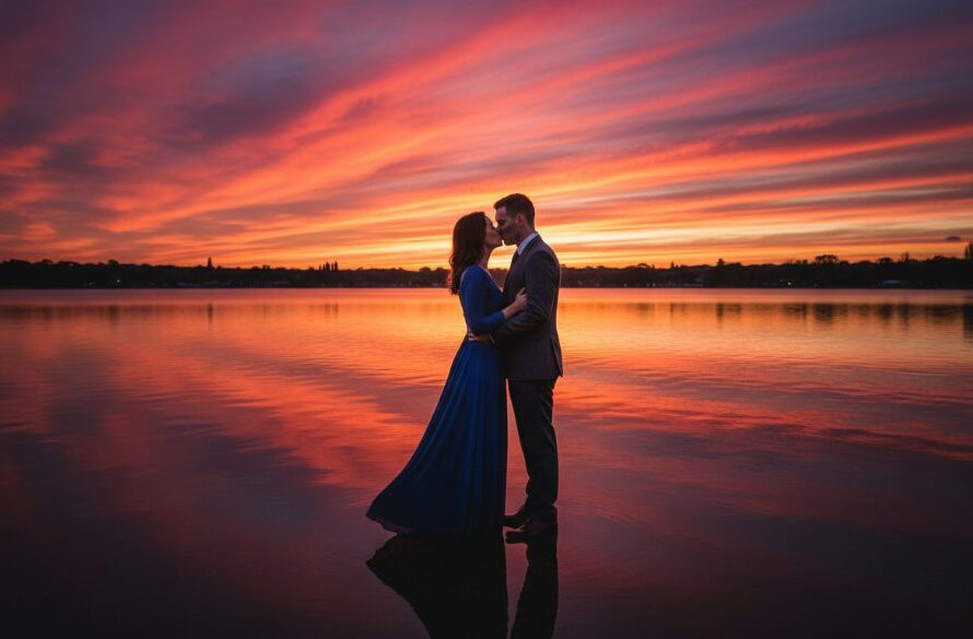 A couple sharing a tender embrace at sunset by Lake Wendouree, with soft, golden light reflecting on the water, capturing an intimate and romantic lakeside pre-wedding photography Wendouree moment.