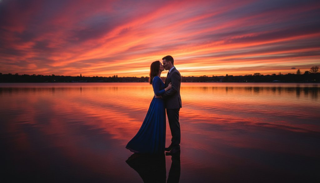 A couple sharing a tender embrace at sunset by Lake Wendouree, with soft, golden light reflecting on the water, capturing an intimate and romantic lakeside pre-wedding photography Wendouree moment.