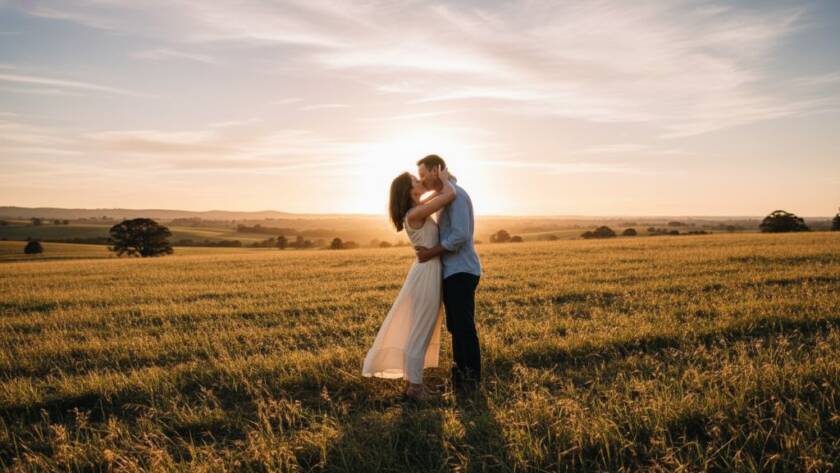 A couple embraces at sunset in a sprawling Lang Lang field, bathed in golden hour light, capturing a moment of Romantic Lang Lang Engagement Photography Victoria, with dramatic clouds overhead, seen from a professional photographer's perspective.