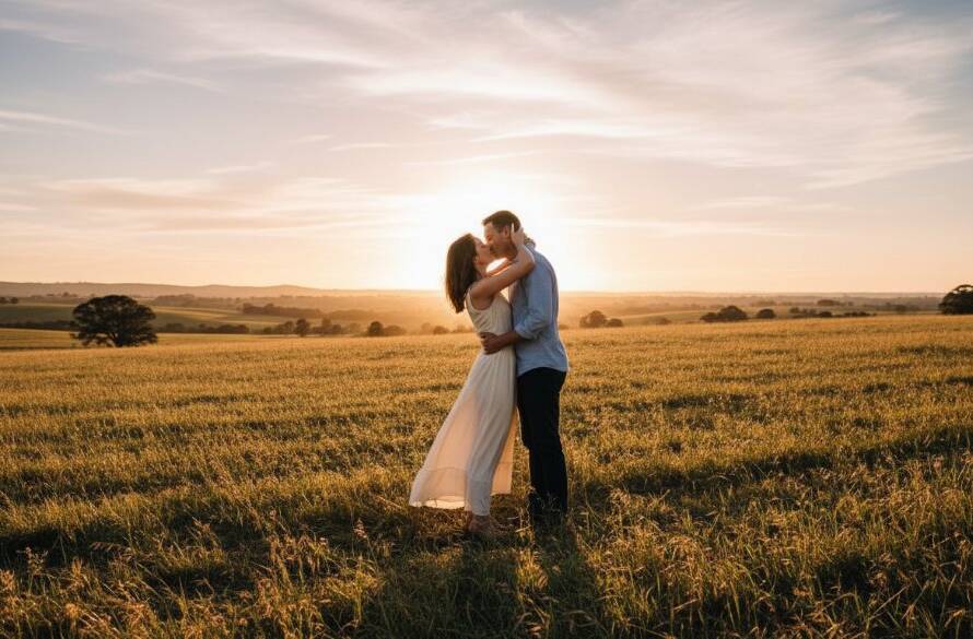 A couple embraces at sunset in a sprawling Lang Lang field, bathed in golden hour light, capturing a moment of Romantic Lang Lang Engagement Photography Victoria, with dramatic clouds overhead, seen from a professional photographer's perspective.