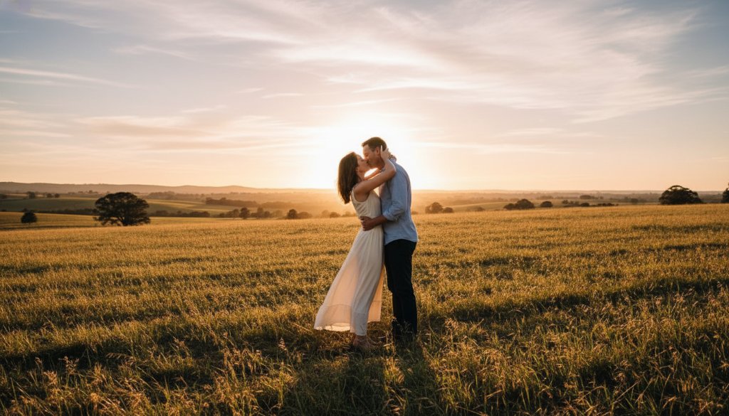 A couple embraces at sunset in a sprawling Lang Lang field, bathed in golden hour light, capturing a moment of Romantic Lang Lang Engagement Photography Victoria, with dramatic clouds overhead, seen from a professional photographer's perspective.