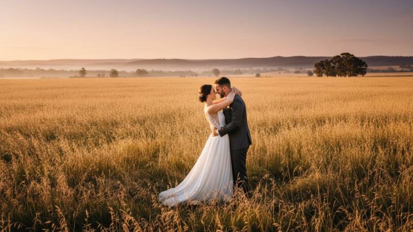 An epic moment capture of a couple embracing amidst a golden sunset over the rolling hills of Lang Lang, showcasing romantic Lang Lang pre-wedding photography spots with stunning natural light.