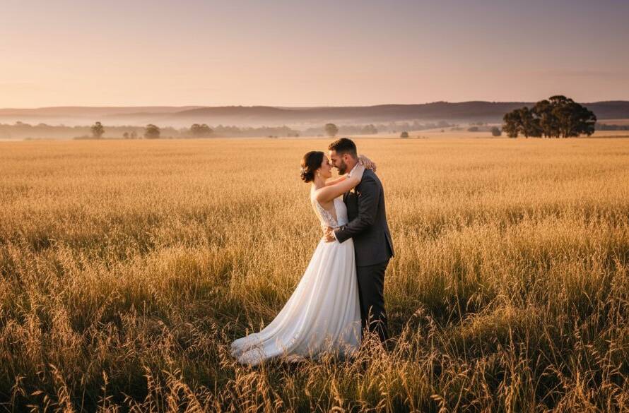 An epic moment capture of a couple embracing amidst a golden sunset over the rolling hills of Lang Lang, showcasing romantic Lang Lang pre-wedding photography spots with stunning natural light.