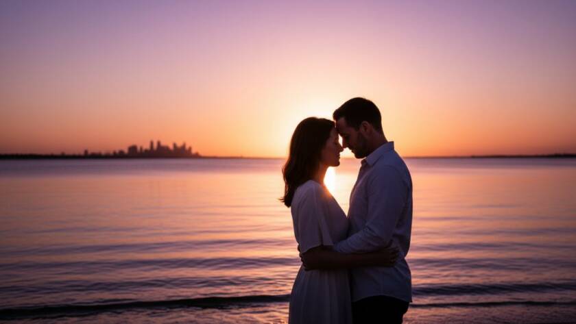 A newly engaged couple sharing a tender, joyful embrace at sunset on the Laverton foreshore, their silhouettes dramatically lit by the golden hour glow, capturing their romantic Laverton engagement photos Victoria.