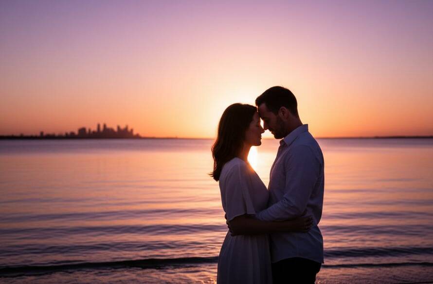 A newly engaged couple sharing a tender, joyful embrace at sunset on the Laverton foreshore, their silhouettes dramatically lit by the golden hour glow, capturing their romantic Laverton engagement photos Victoria.