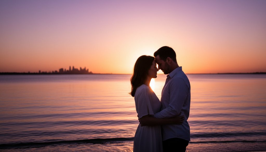 A newly engaged couple sharing a tender, joyful embrace at sunset on the Laverton foreshore, their silhouettes dramatically lit by the golden hour glow, capturing their romantic Laverton engagement photos Victoria.