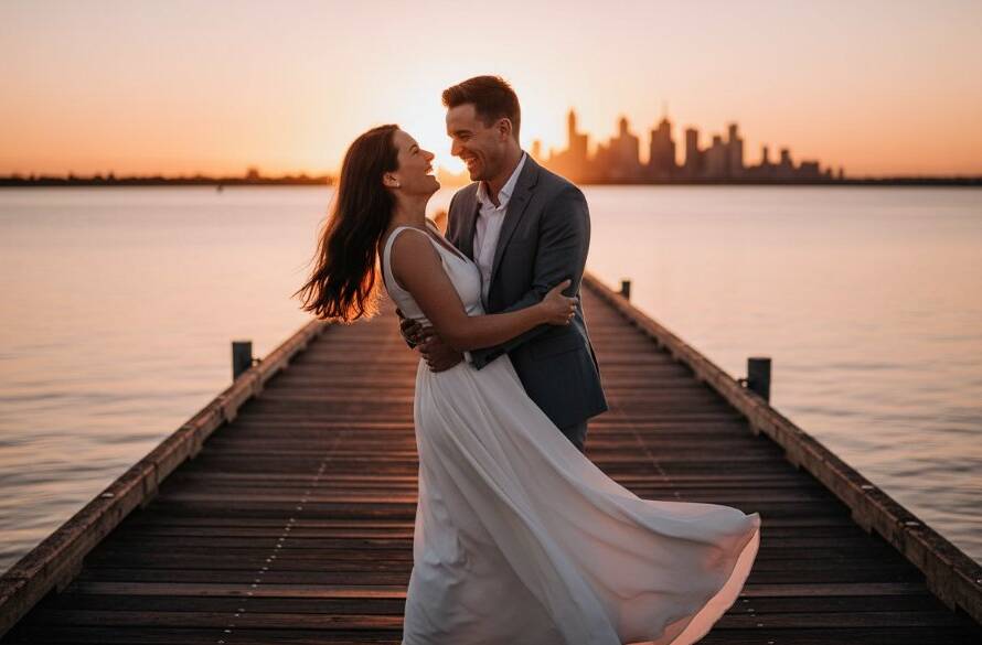 An epic moment captured during a pre-wedding photoshoot, featuring a couple embracing passionately at sunset on the Altona Coastal Park pier in Laverton, Victoria, Australia. Dramatic golden hour light illuminates their joyful expressions, with the sweeping bay and city skyline in the distant background, professionally colour graded for a cinematic look, focusing on the romantic Laverton pre-wedding photoshoot locations Victoria offers.
