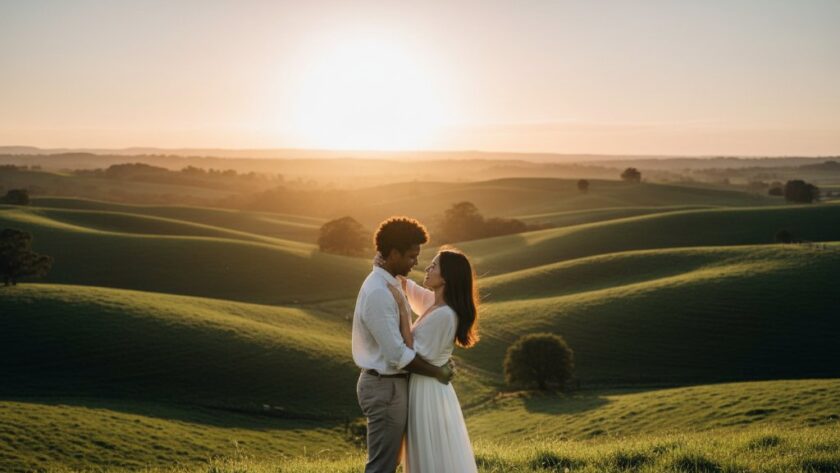 A couple shares a tender, romantic embrace at sunset amidst rolling hills and lush green pastures in Leongatha, Victoria, during their pre-wedding photoshoot, capturing an epic moment for Romantic Leongatha Pre-Wedding Photoshoots Victoria.