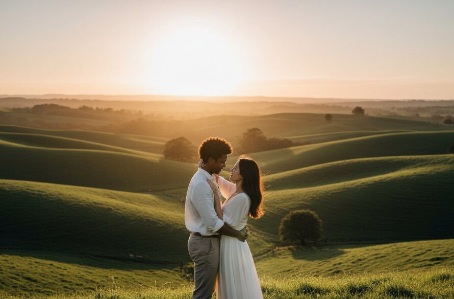 A couple shares a tender, romantic embrace at sunset amidst rolling hills and lush green pastures in Leongatha, Victoria, during their pre-wedding photoshoot, capturing an epic moment for Romantic Leongatha Pre-Wedding Photoshoots Victoria.