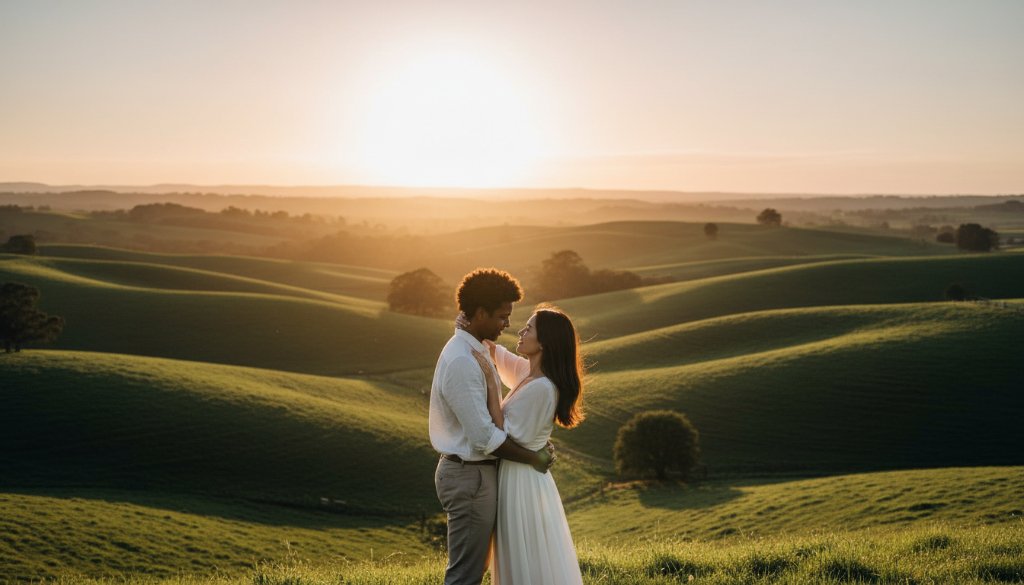 A couple shares a tender, romantic embrace at sunset amidst rolling hills and lush green pastures in Leongatha, Victoria, during their pre-wedding photoshoot, capturing an epic moment for Romantic Leongatha Pre-Wedding Photoshoots Victoria.