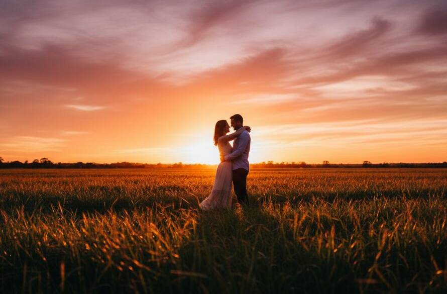 An 'epic moment' photograph capturing a couple embracing tenderly during their romantic Lyndhurst Victoria engagement photography session at sunset, with golden light illuminating the lush landscape.