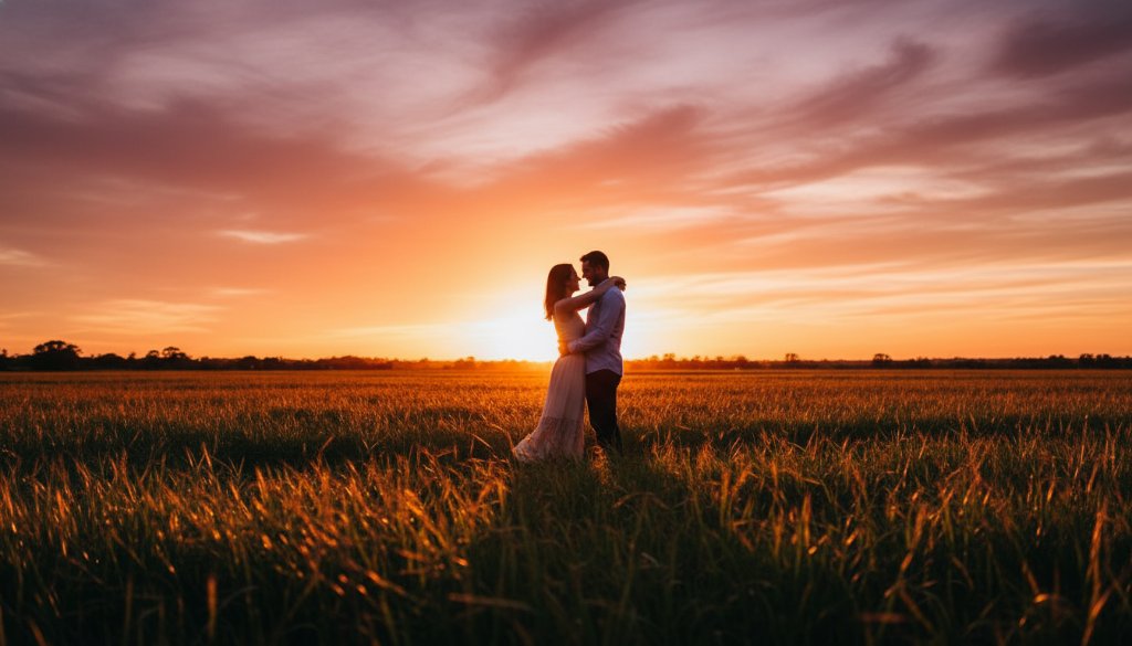 An 'epic moment' photograph capturing a couple embracing tenderly during their romantic Lyndhurst Victoria engagement photography session at sunset, with golden light illuminating the lush landscape.