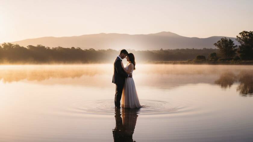A couple embraces passionately at sunrise over Lysterfield Lake, with mist rising off the water and the Dandenong Ranges in the background, captured in a romantic Lysterfield Lake pre-wedding photography Victoria magic epic moment.