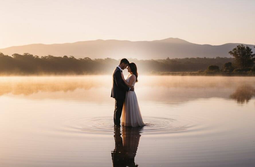 A couple embraces passionately at sunrise over Lysterfield Lake, with mist rising off the water and the Dandenong Ranges in the background, captured in a romantic Lysterfield Lake pre-wedding photography Victoria magic epic moment.