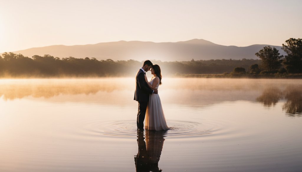 A couple embraces passionately at sunrise over Lysterfield Lake, with mist rising off the water and the Dandenong Ranges in the background, captured in a romantic Lysterfield Lake pre-wedding photography Victoria magic epic moment.