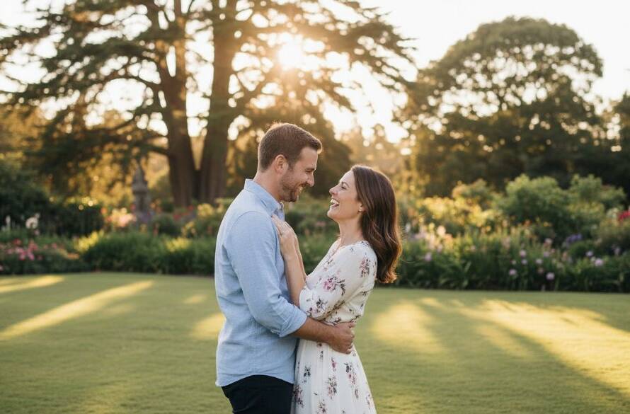 A couple shares a romantic embrace at sunset amidst the lush greenery of Malvern Gardens, captured during their 'Romantic Malvern Gardens Engagement Photoshoot', with golden hour light creating a dreamlike glow.