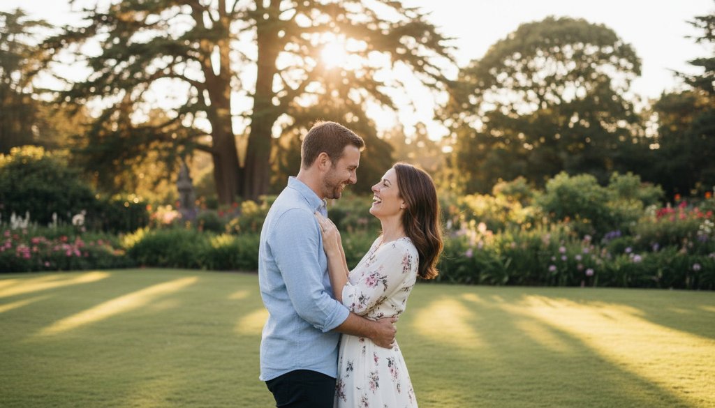 A couple shares a romantic embrace at sunset amidst the lush greenery of Malvern Gardens, captured during their 'Romantic Malvern Gardens Engagement Photoshoot', with golden hour light creating a dreamlike glow.