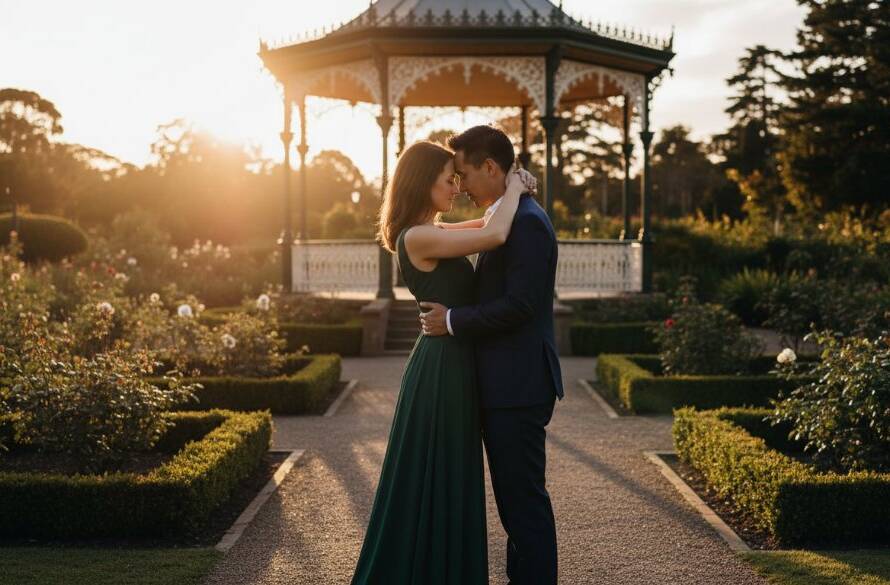 An epic, cinematic shot showcasing romantic Malvern Pre-Wedding Photography Victoria, featuring a couple embracing passionately at sunset in the Malvern Gardens, dramatic golden hour light silhouetting them against elegant Victorian architecture, capturing a profound moment of love and connection.