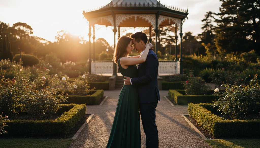 An epic, cinematic shot showcasing romantic Malvern Pre-Wedding Photography Victoria, featuring a couple embracing passionately at sunset in the Malvern Gardens, dramatic golden hour light silhouetting them against elegant Victorian architecture, capturing a profound moment of love and connection.