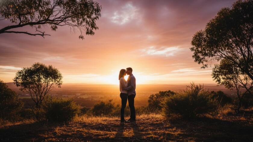 A couple embracing passionately at sunset on a hill in the Melton West landscape, featuring stunning golden hour light, lush Australian flora, and dramatic composition, capturing their romantic Melton West engagement photography moment.