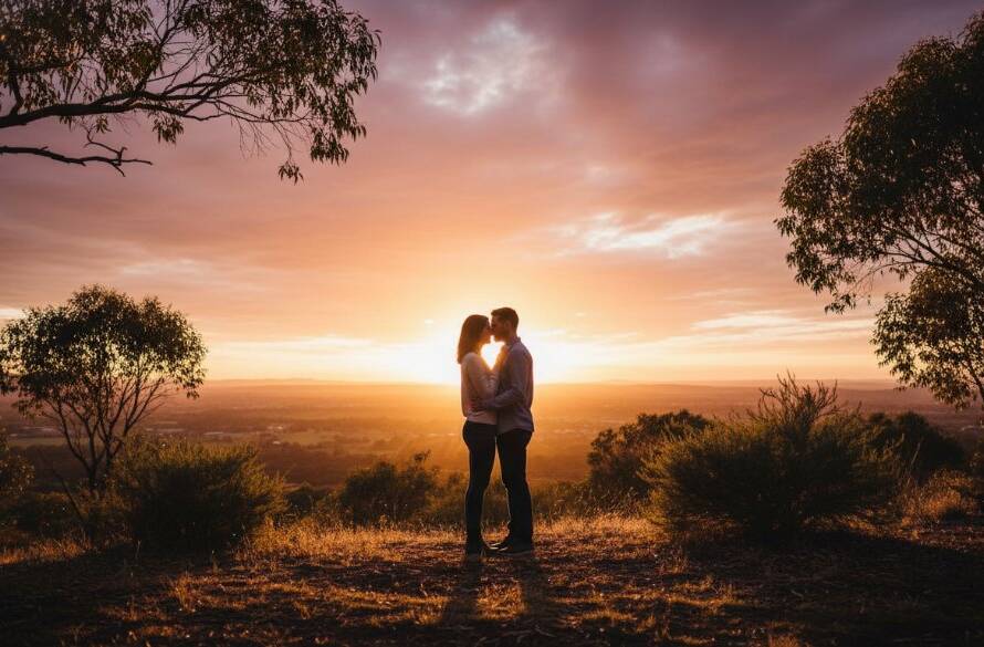 A couple embracing passionately at sunset on a hill in the Melton West landscape, featuring stunning golden hour light, lush Australian flora, and dramatic composition, capturing their romantic Melton West engagement photography moment.
