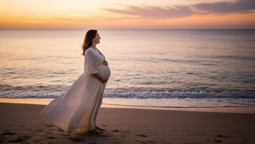 A breathtaking epic moment of a pregnant woman silhouetted against a golden sunset on Mentone Beach, capturing the ethereal beauty of a romantic Mentone beach maternity photography session with gentle waves at her feet and a glowing horizon.