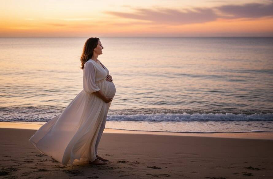 A breathtaking epic moment of a pregnant woman silhouetted against a golden sunset on Mentone Beach, capturing the ethereal beauty of a romantic Mentone beach maternity photography session with gentle waves at her feet and a glowing horizon.