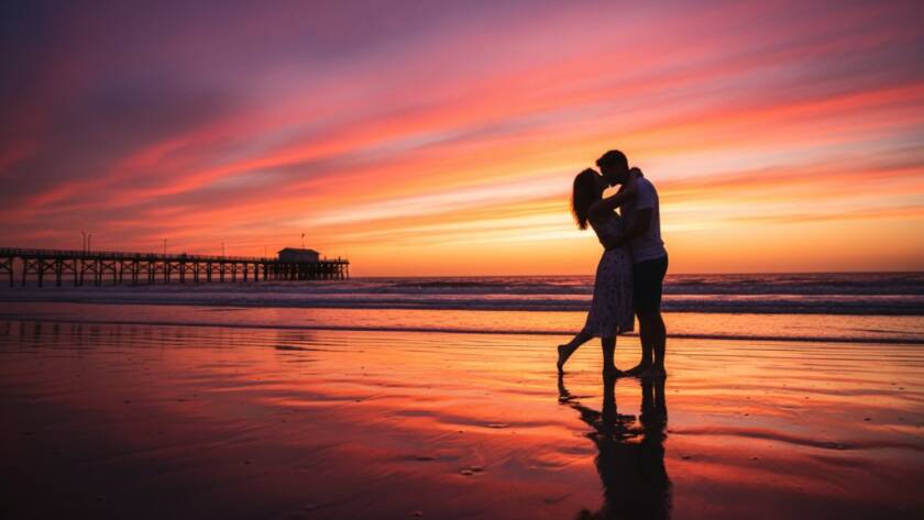 A couple sharing a tender kiss at sunset on Mentone Beach, showcasing romantic Mentone Beach sunset engagement photography with dramatic golden light reflecting on the water.