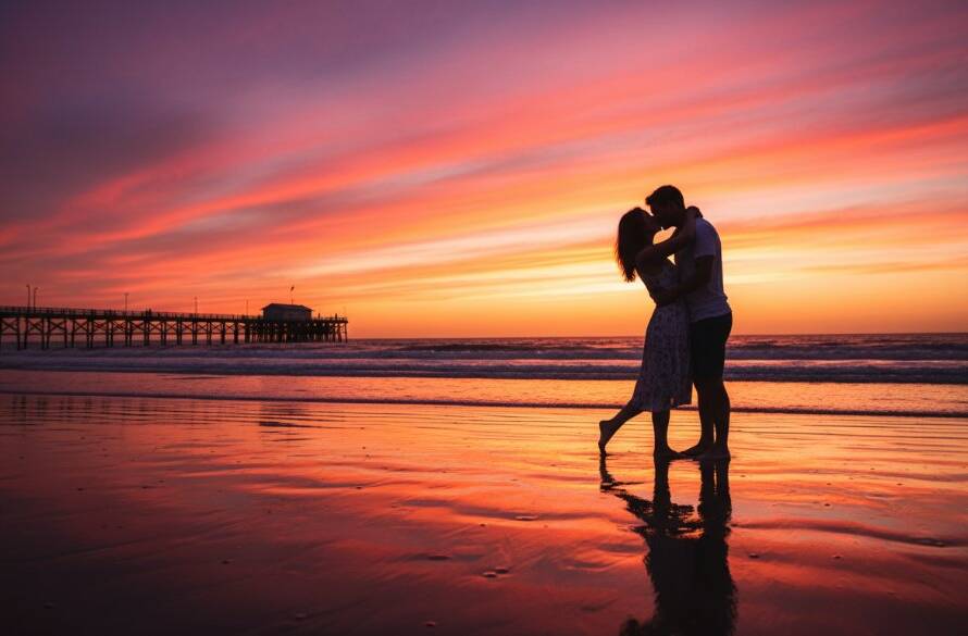 A couple sharing a tender kiss at sunset on Mentone Beach, showcasing romantic Mentone Beach sunset engagement photography with dramatic golden light reflecting on the water.