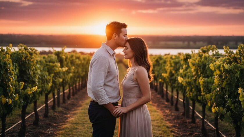 An engaged couple sharing a tender, emotional embrace during their romantic Merbein pre-wedding photoshoots Victoria, bathed in the warm glow of a golden sunset over the tranquil Murray River, with a vineyard in the soft background. Cinematic wide shot with professional colour grading.
