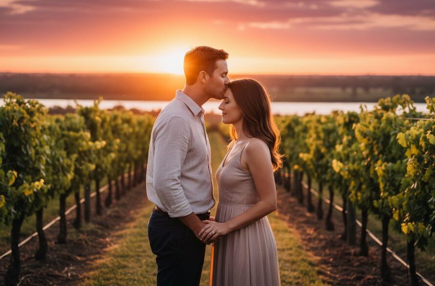 An engaged couple sharing a tender, emotional embrace during their romantic Merbein pre-wedding photoshoots Victoria, bathed in the warm glow of a golden sunset over the tranquil Murray River, with a vineyard in the soft background. Cinematic wide shot with professional colour grading.