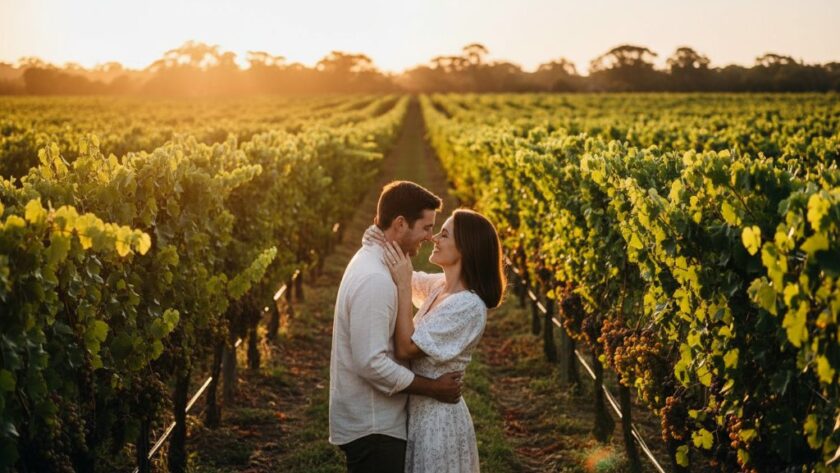 A couple embracing passionately amidst rows of vibrant green grapevines at sunset, illuminated by golden hour light, capturing a moment of romantic Merbein vineyard engagement photography.