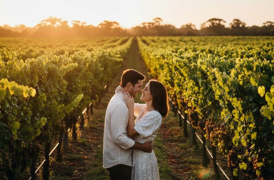 A couple embracing passionately amidst rows of vibrant green grapevines at sunset, illuminated by golden hour light, capturing a moment of romantic Merbein vineyard engagement photography.