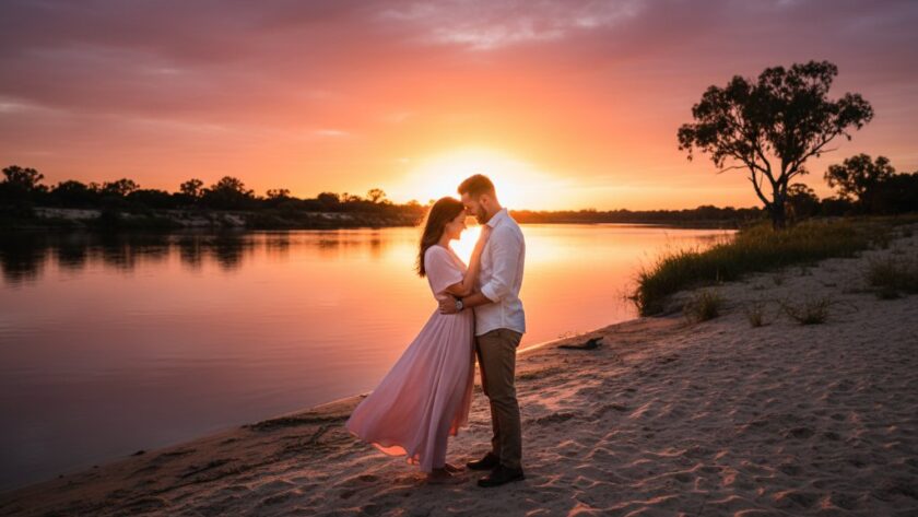 An epic moment captured during romantic Mildura Murray River engagement photography, featuring a couple embracing passionately against a breathtaking sunset over the Murray River, with dramatic golden light, professional colour grading, and a sweeping landscape.