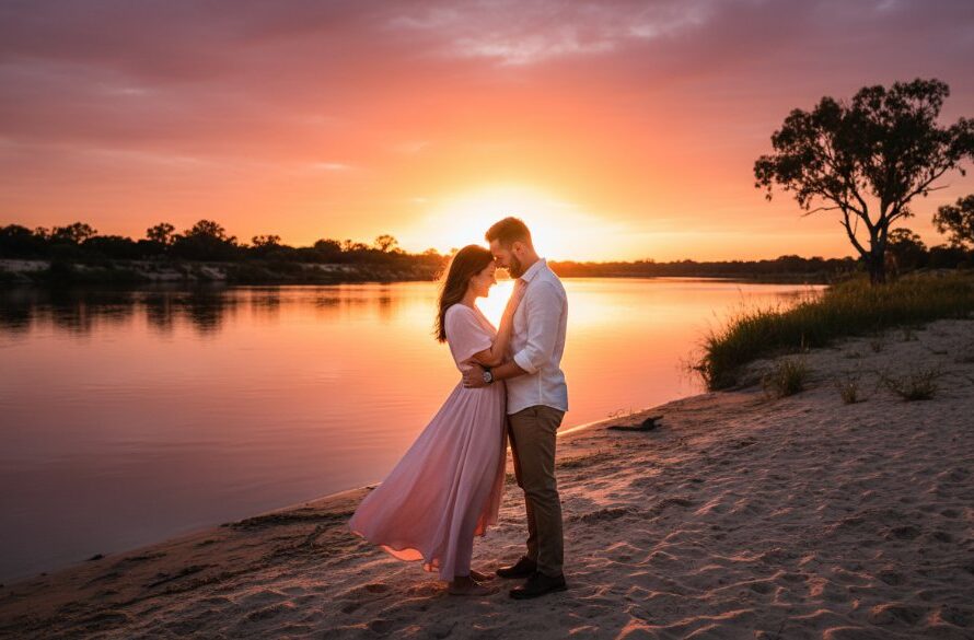 An epic moment captured during romantic Mildura Murray River engagement photography, featuring a couple embracing passionately against a breathtaking sunset over the Murray River, with dramatic golden light, professional colour grading, and a sweeping landscape.