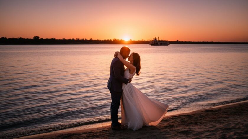 A couple embraces dramatically at sunset by the Murray River, showcasing the magic of Romantic Moama Pre-Wedding Photos Victorian Border, with golden light reflecting on the water.