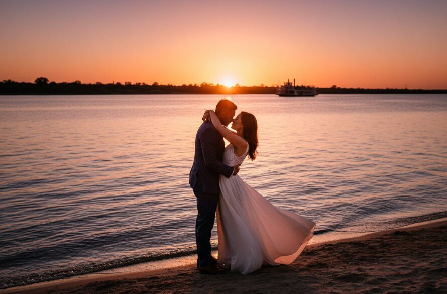 A couple embraces dramatically at sunset by the Murray River, showcasing the magic of Romantic Moama Pre-Wedding Photos Victorian Border, with golden light reflecting on the water.