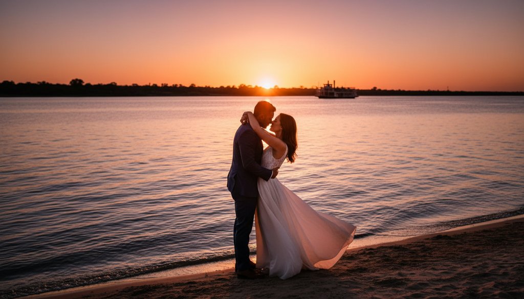 A couple embraces dramatically at sunset by the Murray River, showcasing the magic of Romantic Moama Pre-Wedding Photos Victorian Border, with golden light reflecting on the water.