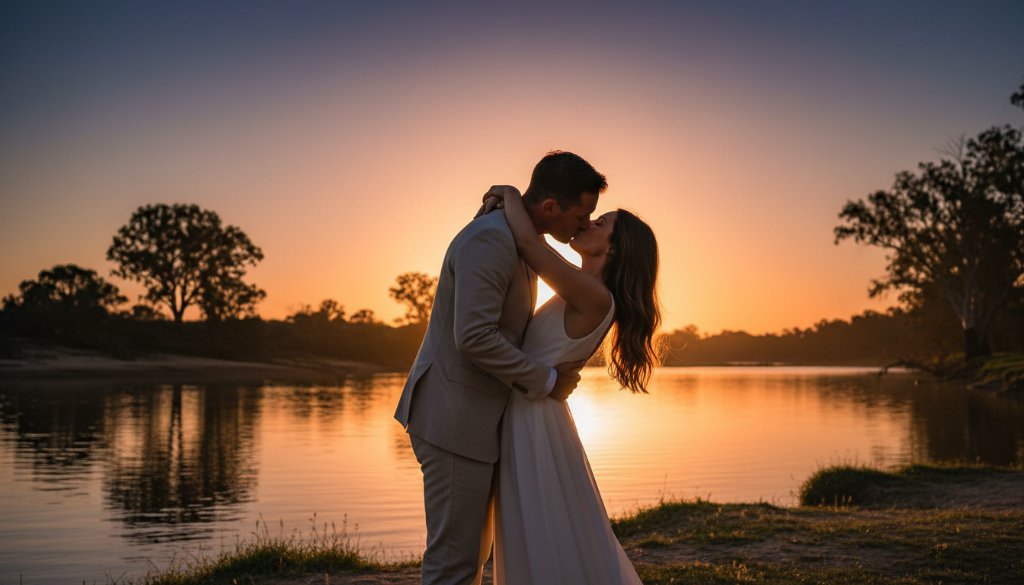 A couple sharing a romantic kiss at sunset by the Murray River, backlit by golden hour glow, with their wedding outfits silhouetted against the water, captured with a cinematic style. This stunning image exemplifies romantic Moama riverside wedding photography.