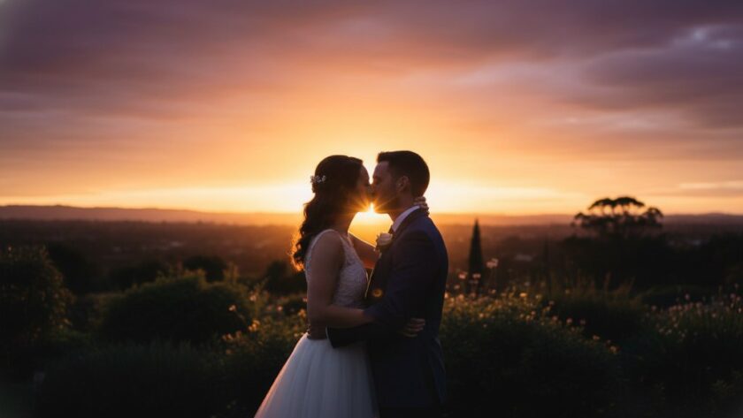 An epic moment of a newlywed couple sharing a romantic kiss at sunset, silhouetted against a golden-hour sky over the lush Moe Botanic Gardens, showcasing exquisite romantic Moe Victoria wedding photography.