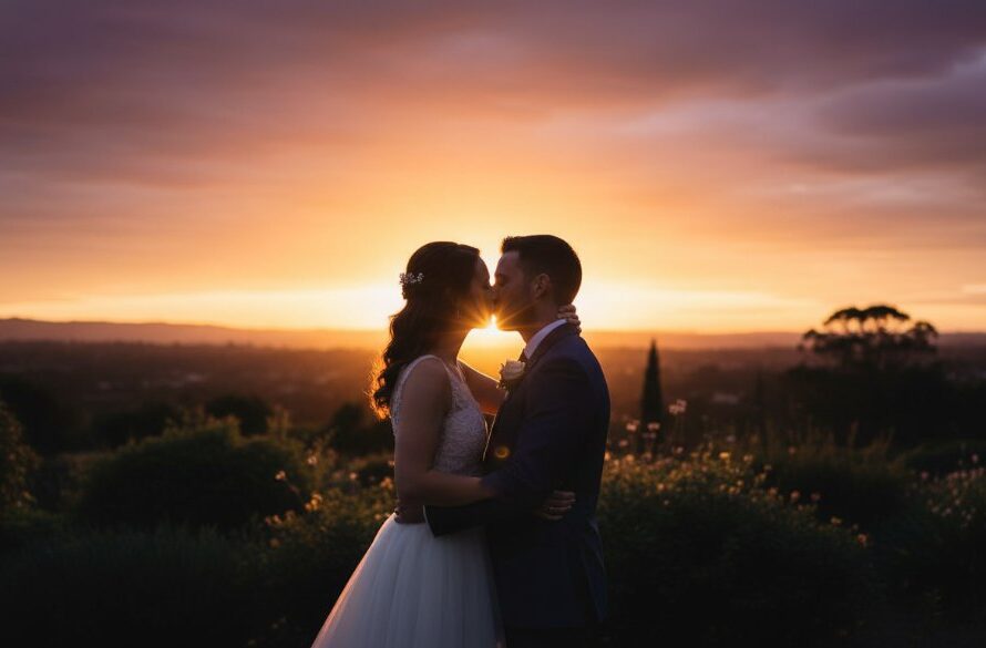 An epic moment of a newlywed couple sharing a romantic kiss at sunset, silhouetted against a golden-hour sky over the lush Moe Botanic Gardens, showcasing exquisite romantic Moe Victoria wedding photography.