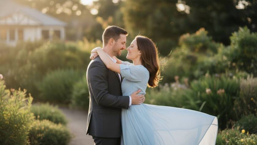A breathtaking, cinematic photograph of a couple deeply in love, embracing passionately during a romantic Mont Albert North engagement photography session at golden hour, with soft, radiant light illuminating their faces against a backdrop of lush, manicured parkland and elegant suburban architecture.