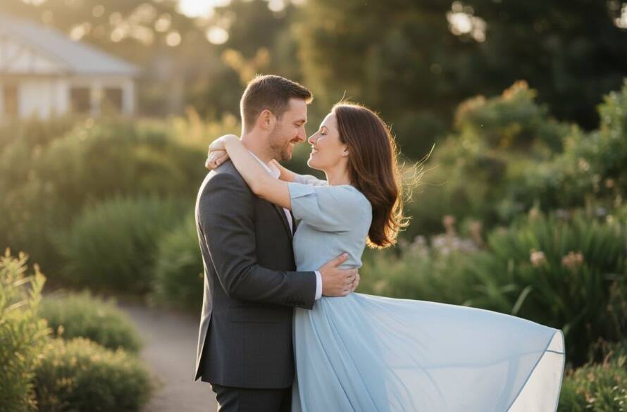 A breathtaking, cinematic photograph of a couple deeply in love, embracing passionately during a romantic Mont Albert North engagement photography session at golden hour, with soft, radiant light illuminating their faces against a backdrop of lush, manicured parkland and elegant suburban architecture.