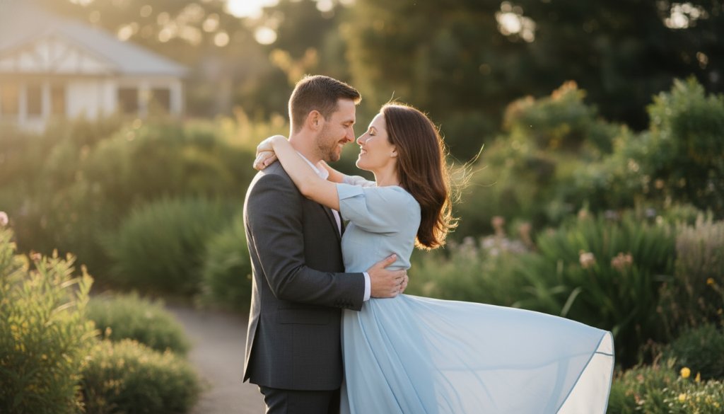 A breathtaking, cinematic photograph of a couple deeply in love, embracing passionately during a romantic Mont Albert North engagement photography session at golden hour, with soft, radiant light illuminating their faces against a backdrop of lush, manicured parkland and elegant suburban architecture.